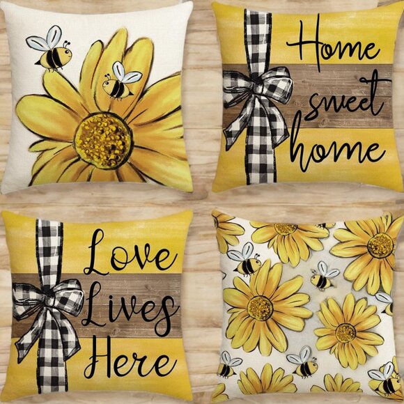 Honey Bee Decorative Throw Pillow Covers Floral Spring Decor Yellow Accent Cases - Picture 4 of 6